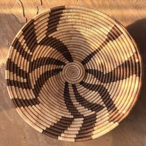 Handwoven Botswana Basket 14” – African Coiled Palm Fiber – Geometric Pattern